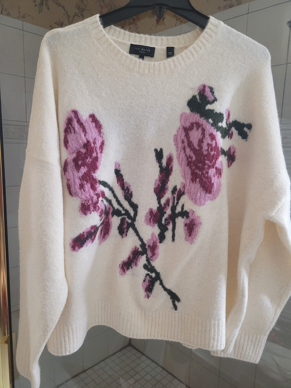 Ted Baker Cream Crewneck Sweater with Pink Floral Detail